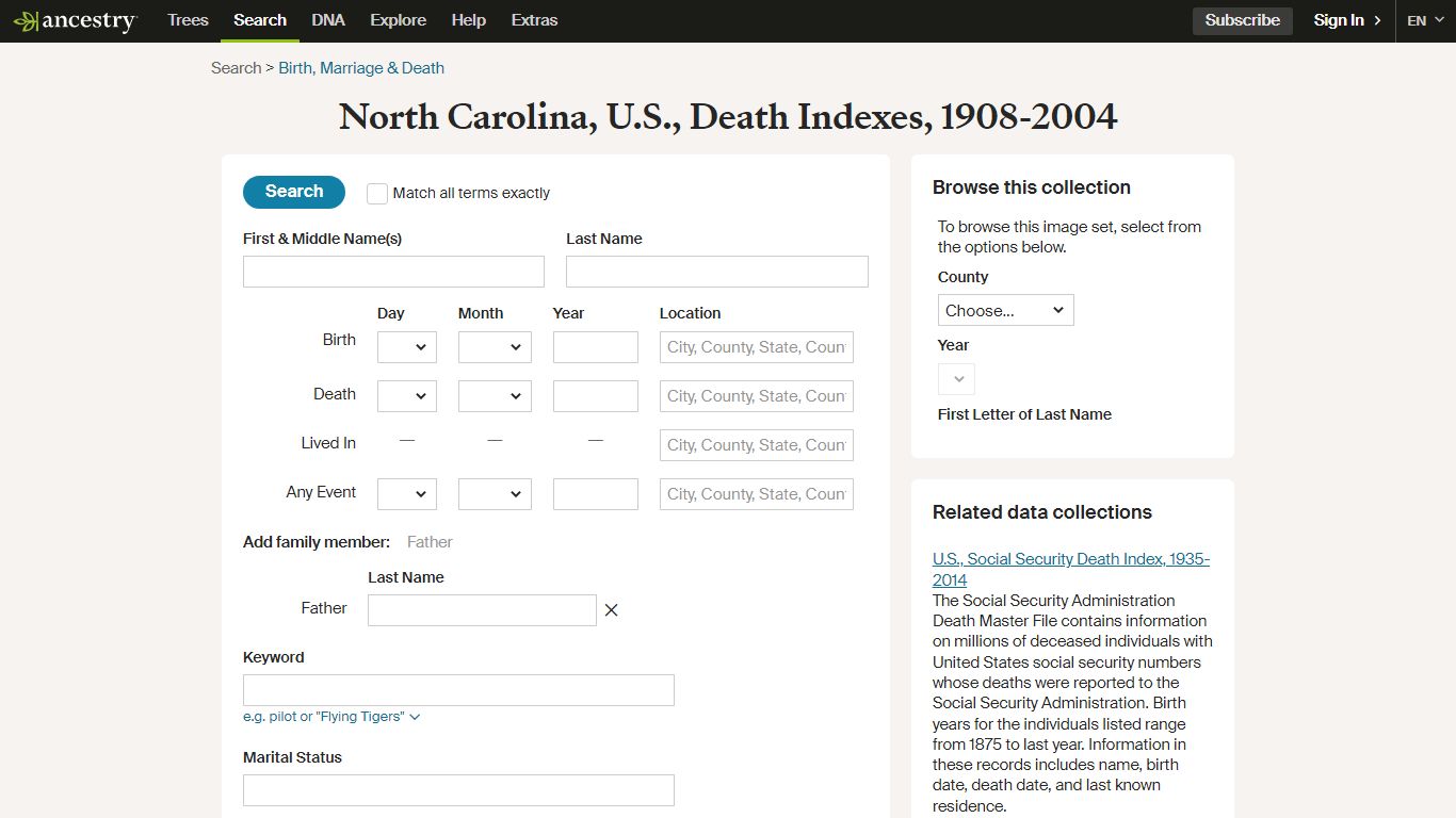 North Carolina, U.S., Death Indexes, 1908-2004